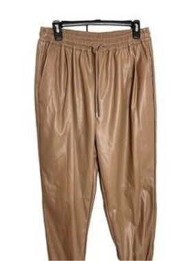 NWOT Elastic-Waist Jogger Pants in BrownTan Drawstring Faux Leather Plus Size 3X